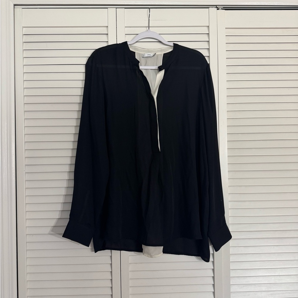 Vince Black and White 100% Silk Semi Sheer Long Sleeve Tunic Top Sz L